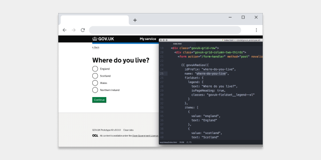 A screen grab of the prototype kit in use, showing a live prototype and a coding window to the right.