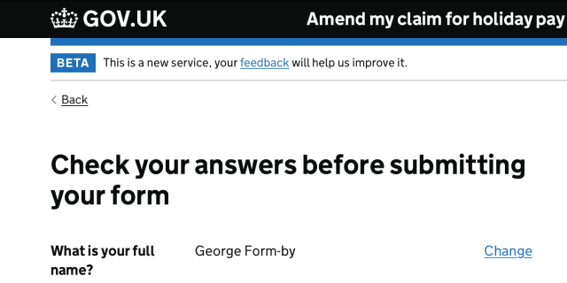 A form called 'Amend my claim for holiday pay accrued' has been completed with answers for a full name and claim reference or National Insurance number supplied, which need to be checked before submitting.